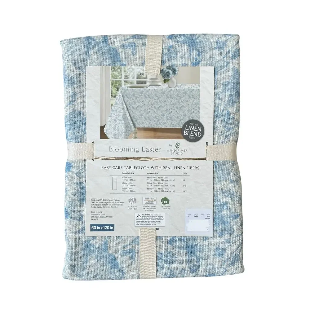 Blooming Easter Blue Bunny Rabbit Floral Tablecloth 60x120 Linen Blend NEW